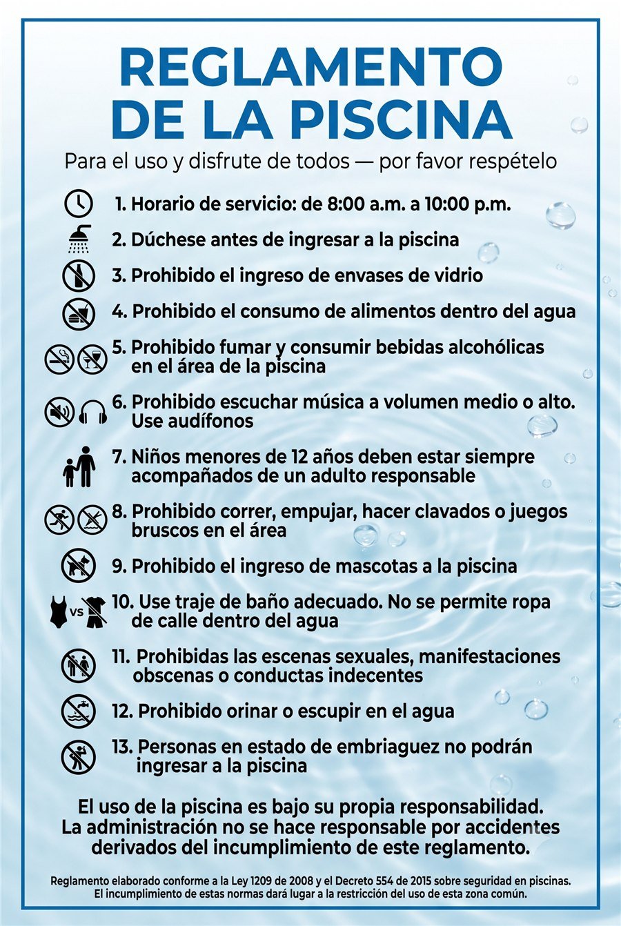 Cartel del reglamento de la piscina exhibido en el edificio
